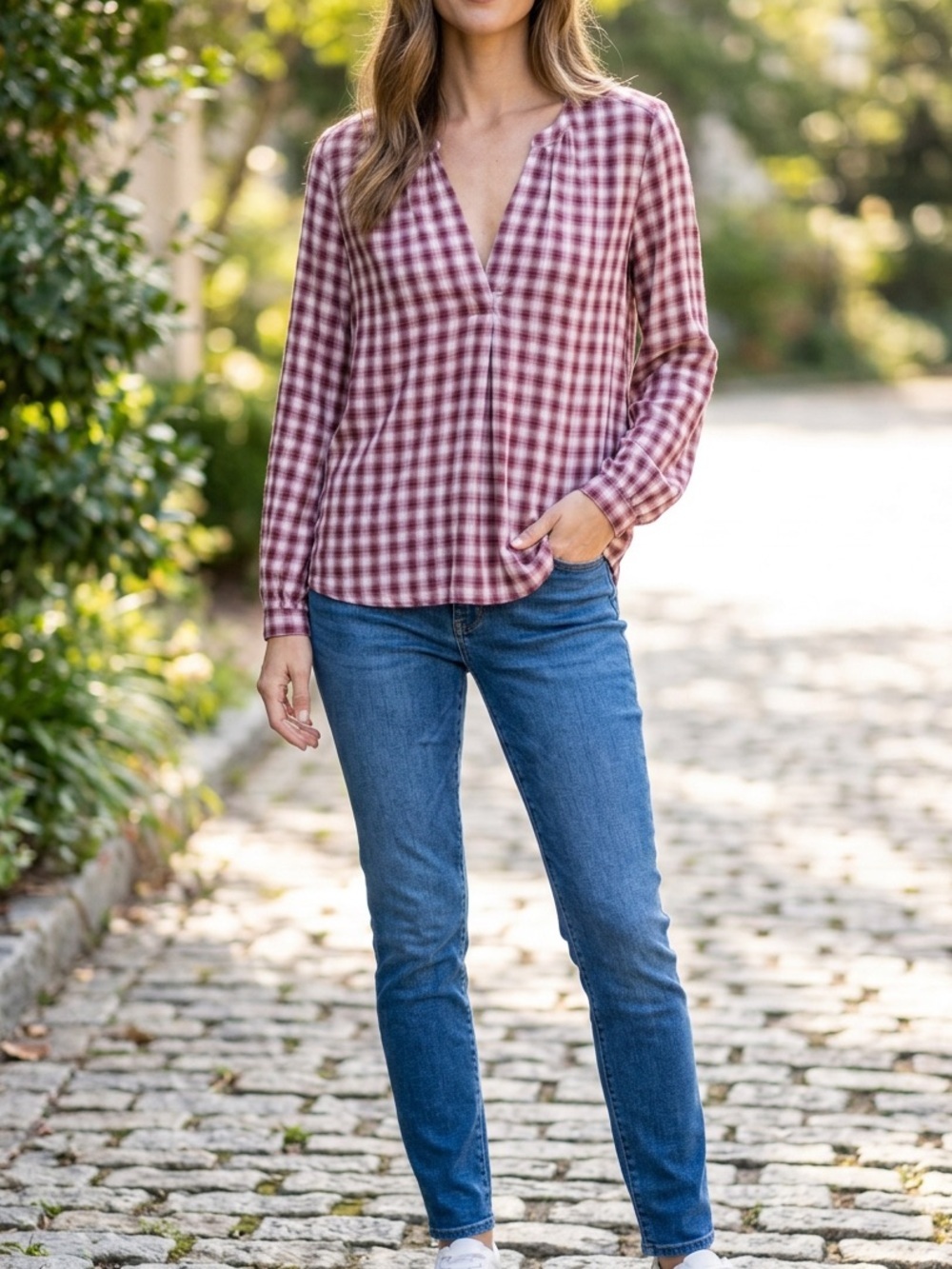 Loft Red And Cream Plaid Blouse